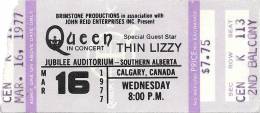 Ticket stub - Queen live at the Jubilee Auditorium, Calgary, Canada [16.03.1977]