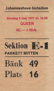 Ticket stub - Queen live at the Ice Stadium, Stockholm, Sweden [08.05.1977]