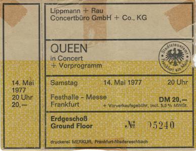 Ticket stub - Queen live at the Festhalle, Frankfurt, Germany [14.05.1977]