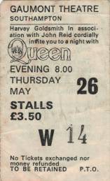Ticket stub - Queen live at the Gaumont, Southampton, UK [26.05.1977]