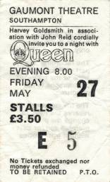 Ticket stub - Queen live at the Gaumont, Southampton, UK [27.05.1977]