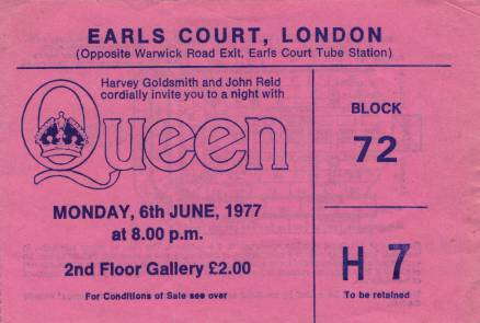 Ticket stub - Queen live at the Earls Court, London, UK [06.06.1977]