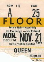 Ticket stub - Queen live at the Maple Leaf Gardens, Toronto, Canada [21.11.1977]