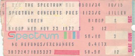 Ticket stub - Queen live at the The Spectrum, Philadelphia, PA, USA [23.11.1977]