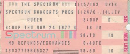 Ticket stub - Queen live at the The Spectrum, Philadelphia, PA, USA [24.11.1977]