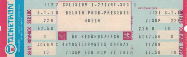 Ticket stub - Queen live at the Coliseum, Richfield, OH, USA [27.11.1977]