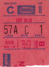 Ticket stub - Queen live at the Madison Square Garden, New York, NY, USA [02.12.1977]