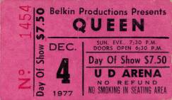 Ticket stub - Queen live at the University Arena, Dayton, OH, USA [04.12.1977]