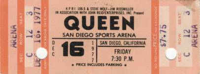 Ticket stub - Queen live at the Sports Arena, San Diego, CA, USA [16.12.1977]