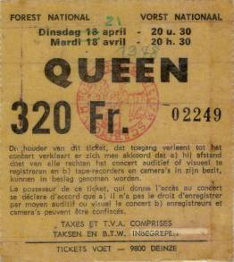 Ticket stub - Queen live at the Forest National, Brussels, Belgium [21.04.1978]
