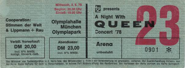 Ticket stub - Queen live at the Olympiahalle, Munich, Germany [03.05.1978]