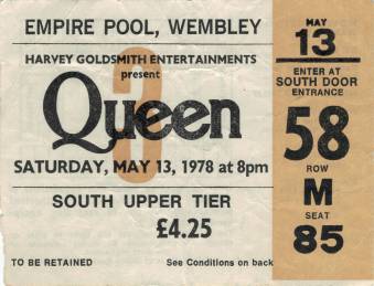 Ticket stub - Queen live at the Empire Pool, London, UK [13.05.1978]