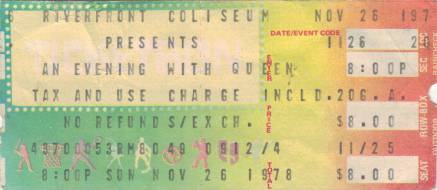 Ticket stub - Queen live at the Riverfront Coliseum, Cincinnati, OH, USA [26.11.1978]