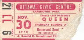Ticket stub - Queen live at the Civic Centre, Ottawa, Canada [30.11.1978]