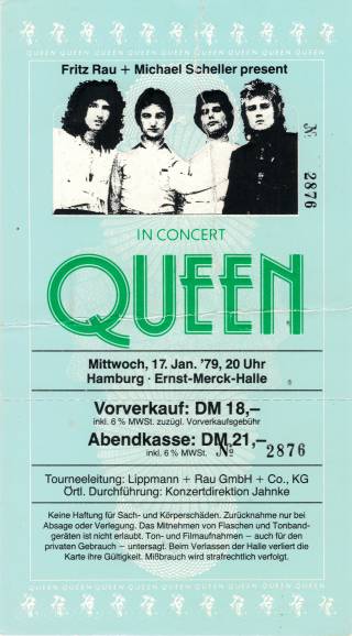 Ticket stub - Queen live at the Ernst-Merck Halle, Hamburg, Germany [17.01.1979]