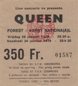Ticket stub - Queen live at the Forest National, Brussels, Belgium [26.01.1979]