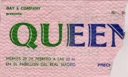 Ticket stub - Queen live at the Pabellon De Real Madrid, Madrid, Spain [23.02.1979]