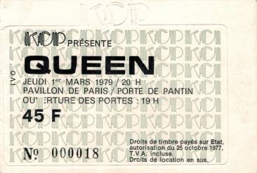 Ticket stub - Queen live at the Pavillon De Paris, Paris, France [01.03.1979]