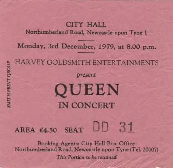 Ticket stub - Queen live at the City Hall, Newcastle, UK [03.12.1979]