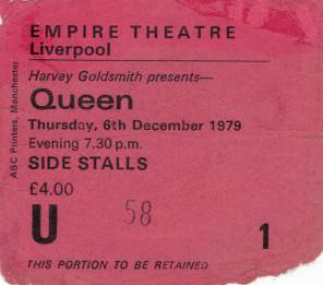 Ticket stub - Queen live at the Empire Theatre, Liverpool, UK [06.12.1979]
