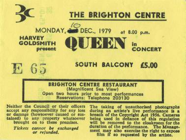 Ticket stub - Queen live at the Centre, Brighton, UK [10.12.1979]
