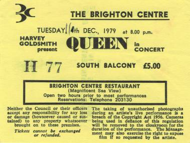 Ticket stub - Queen live at the Centre, Brighton, UK [11.12.1979]