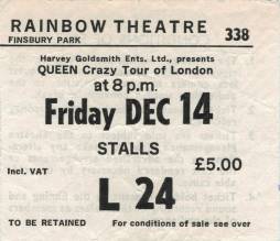 Ticket stub - Queen live at the Rainbow Theatre, London, UK [14.12.1979]