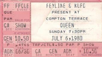 Ticket stub - Queen live at the Compton Terrace, Phoenix, AZ, USA [06.07.1980]