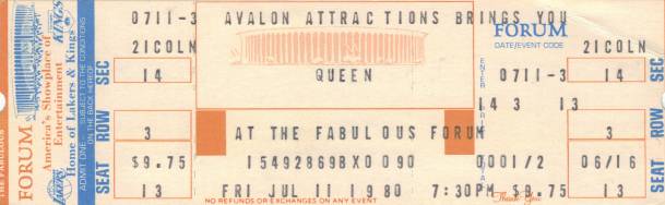 Ticket stub - Queen live at the Forum, Inglewood, CA, USA [11.07.1980]