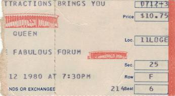 Ticket stub - Queen live at the Forum, Inglewood, CA, USA [12.07.1980]