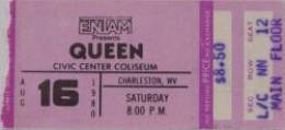 Ticket stub - Queen live at the Civic Centre, Charleston, WV, USA [16.08.1980]