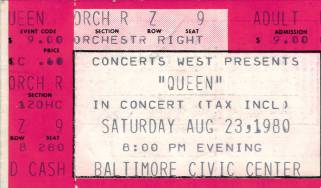Ticket stub - Queen live at the Civic Centre, Baltimore, MD, USA [23.08.1980]