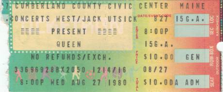 Ticket stub - Queen live at the Cumberland County Civic Center, Portland, ME, USA [27.08.1980]