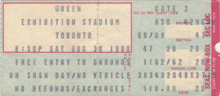 Ticket stub - Queen live at the CNE, Toronto, Canada [30.08.1980]