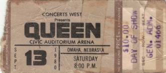Ticket stub - Queen live at the Civic, Omaha, NE, USA [13.09.1980]
