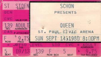 Ticket stub - Queen live at the Civic Centre, St. Paul, MN, USA [14.09.1980]