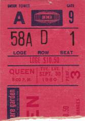Ticket stub - Queen live at the Madison Square Garden, New York, NY, USA [30.09.1980]