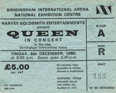 Ticket stub - Queen live at the National Exhibition Centre, Birmingham, UK [05.12.1980]
