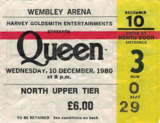 Ticket stub - Queen live at the Wembley Arena, London, UK [10.12.1980]