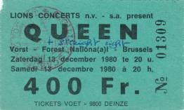 Ticket stub - Queen live at the Forest National, Brussels, Belgium [13.12.1980]