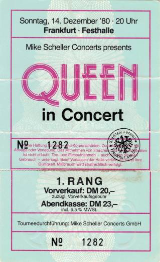 Ticket stub - Queen live at the Festhalle, Frankfurt, Germany [14.12.1980]