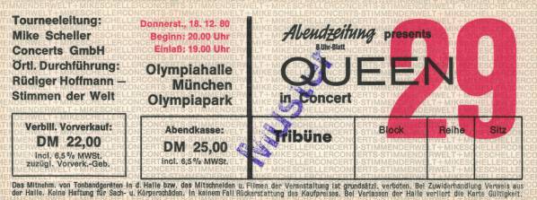 Ticket stub - Queen live at the Olympiahalle, Munich, Germany [18.12.1980]