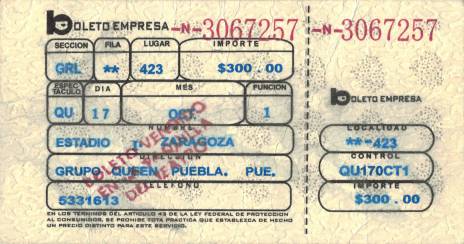 Ticket stub - Queen live at the Estadio de Beisbol Ignacio Zaragoza, Puebla, Mexico [17.10.1981]