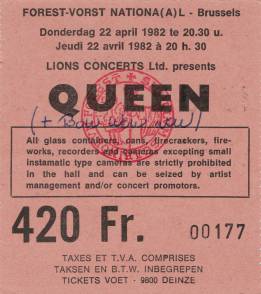 Ticket stub - Queen live at the Forest National, Brussels, Belgium [22.04.1982]