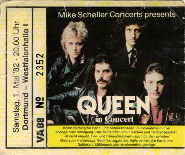 Ticket stub - Queen live at the Westfallenhalle, Dortmund, Germany [01.05.1982]