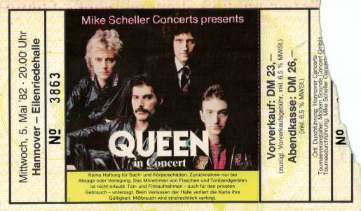 Ticket stub - Queen live at the Eilenriedehalle, Hanover, Germany [05.05.1982]