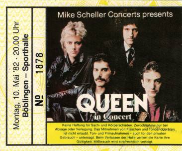 Ticket stub - Queen live at the Sporthalle, Böblingen, Germany [10.05.1982]