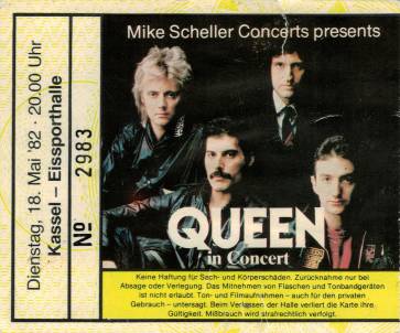 Ticket stub - Queen live at the Eissporthalle, Kassel, Germany [18.05.1982]