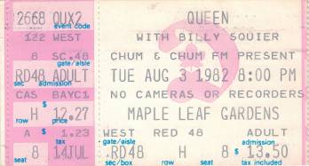 Ticket stub - Queen live at the Maple Leaf Gardens, Toronto, Canada [03.08.1982]