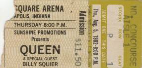 Ticket stub - Queen live at the Market Square Arena, Indianapolis, IN, USA [05.08.1982]